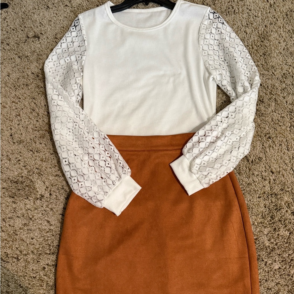 Brown Suede Skirt, white shirt for sale in another post